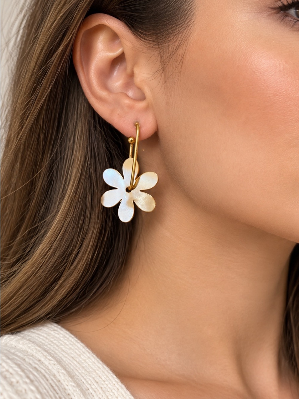 Gold Hoop Earrings with Iridescent White Flower Charm